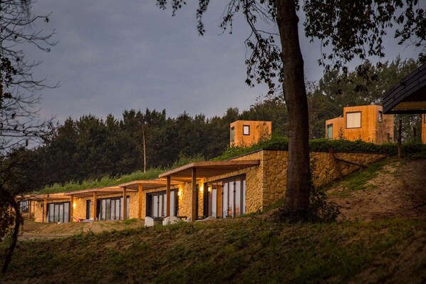 A row of modern, stone-clad cabins with large windows, set on a hillside with a forest backdrop.