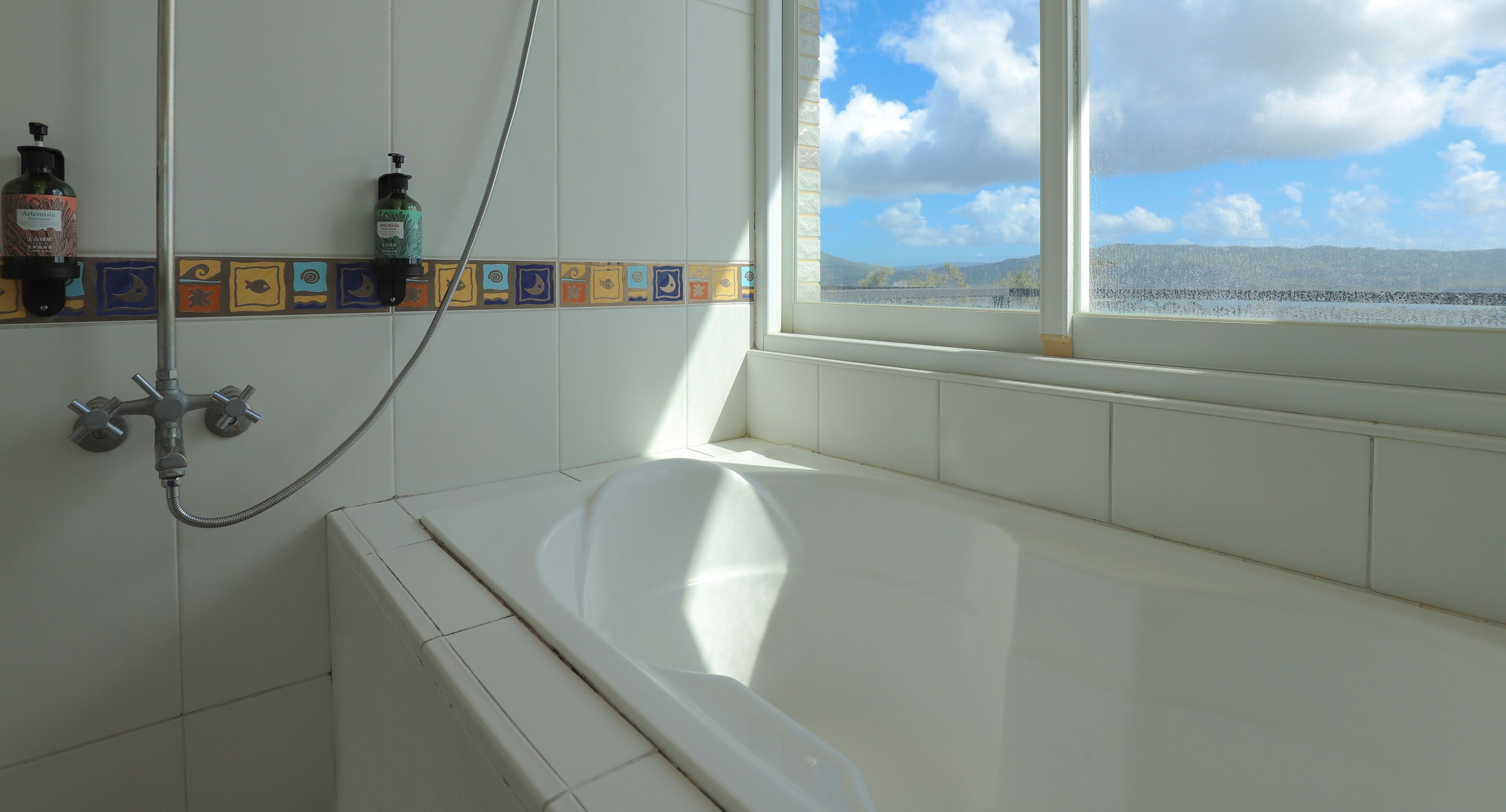 A bathroom with a bathtub, a shower, and a window with a view of the sea.