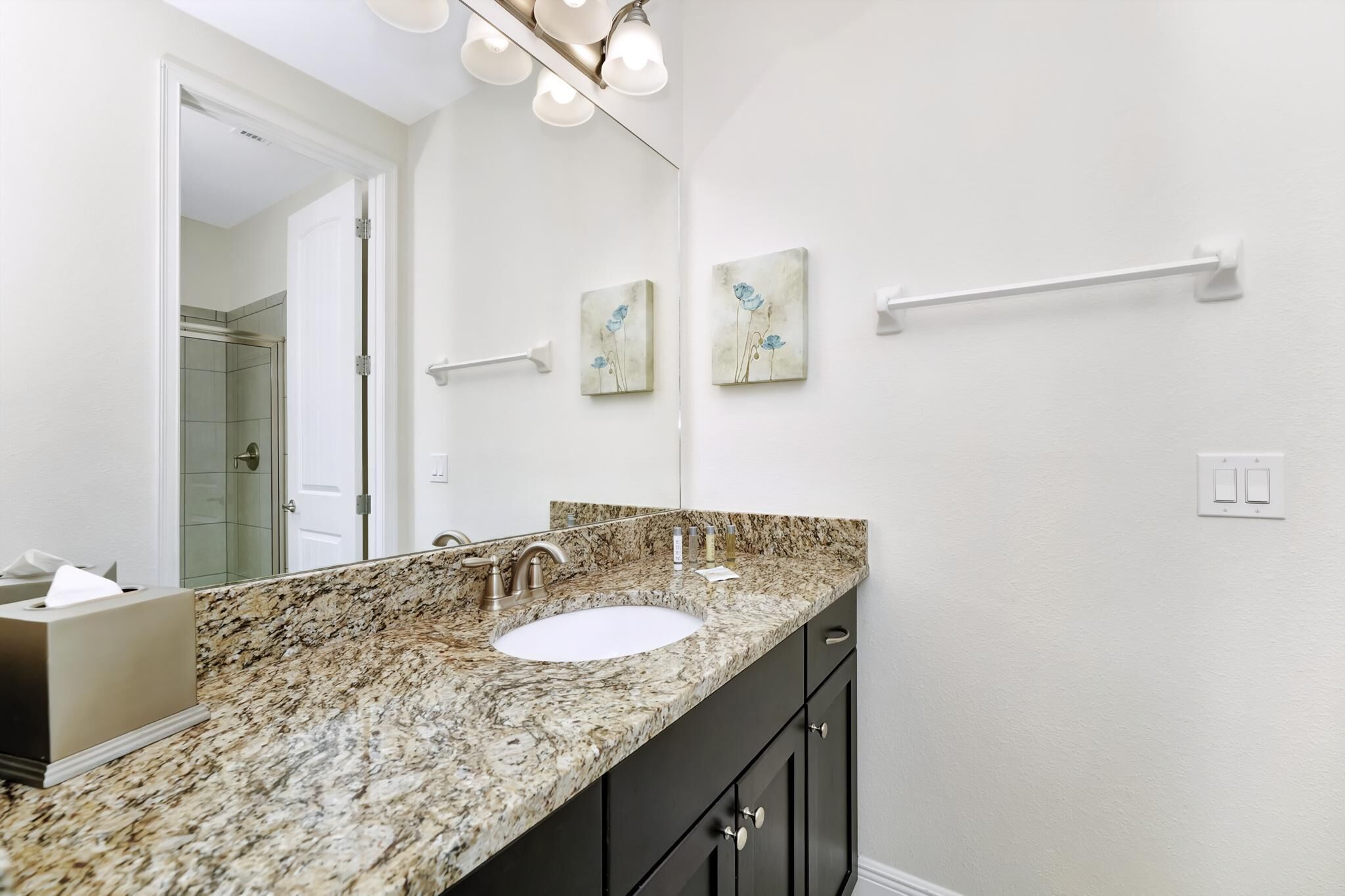A bathroom with a granite countertop sink, a mirror, a towel rack, and a door leading to a shower.
