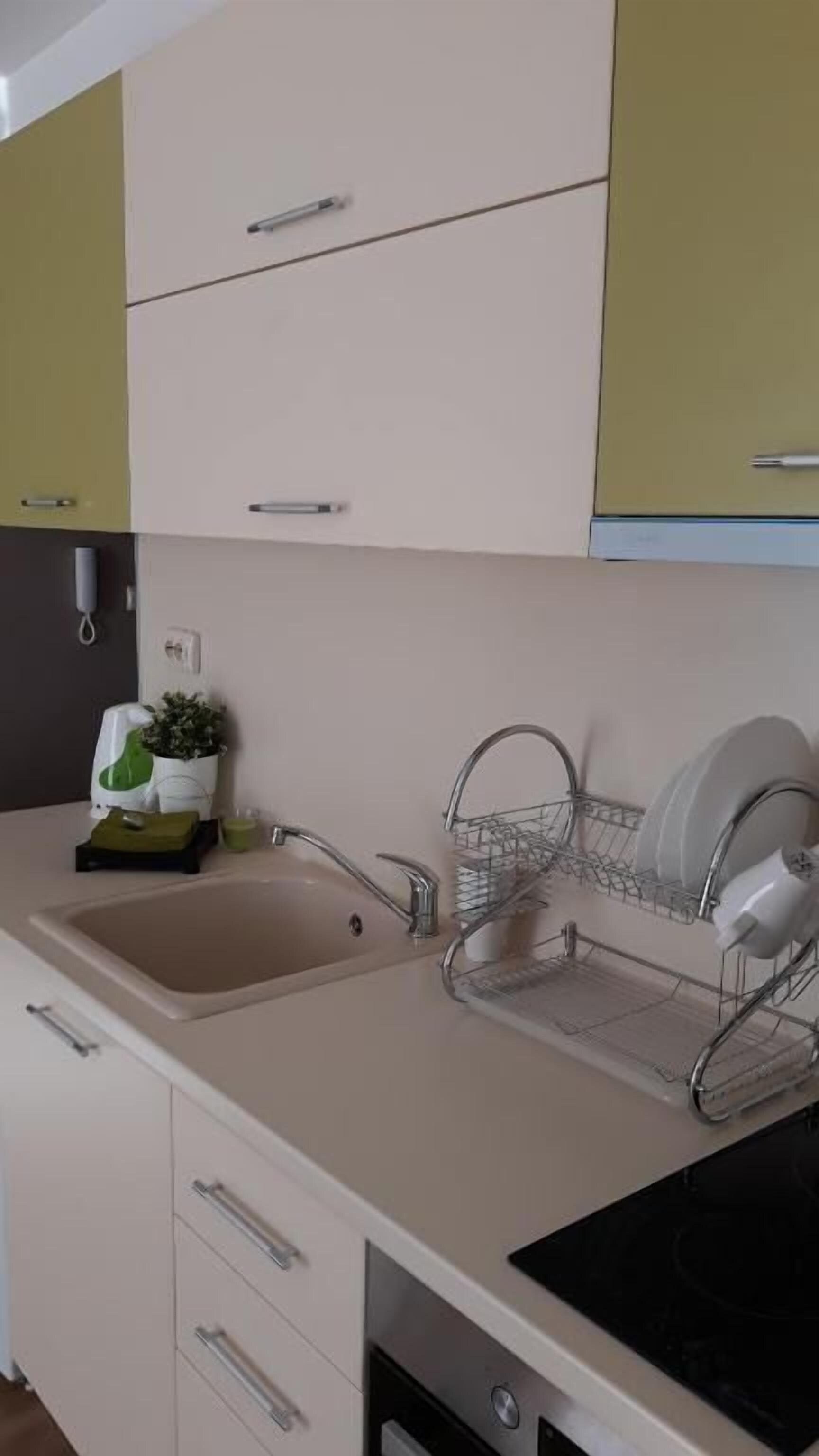 A kitchen with a sink, dish rack, and cabinets.