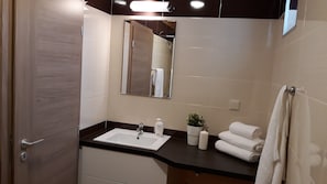 A modern bathroom with a sink, mirror, towel rack, and a potted plant.