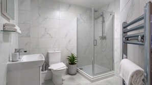 Une salle de bain moderne avec une douche à parois de verre, un lavabo blanc, des toilettes et une plante en pot.
