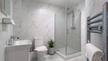 Shower, hair dryer, towels