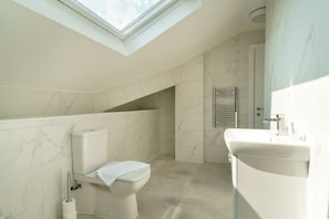 Shower, hair dryer, towels, shampoo
