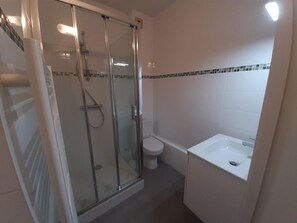 A bathroom with a glass shower enclosure, a toilet, and a sink.