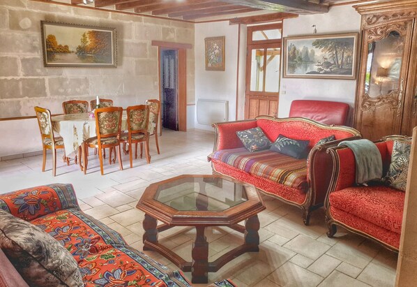 Älytelevisio, takka, DVD-soitin, kirjoja