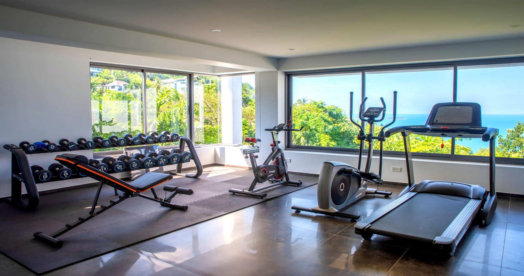 A gym with exercise equipment, large windows, and a view of the ocean.