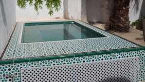 Una piscina con un diseño geométrico de azulejos, rodeada por un muro blanco y una palmera.