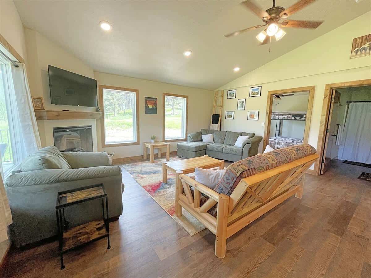 Télévision, cheminée, espaces bureaux