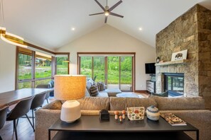 Smart TV, fireplace, books, stereo