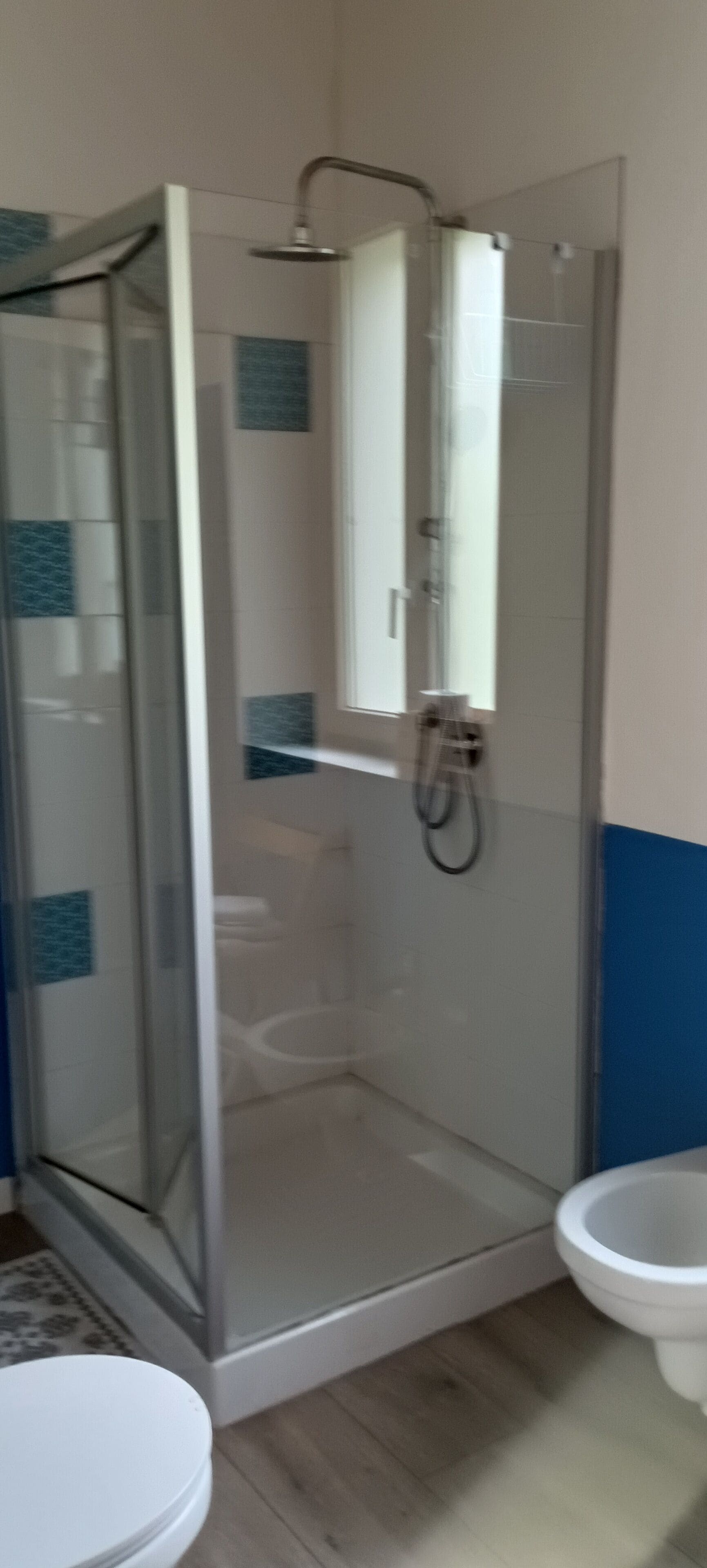 Une salle de bain avec une douche à parois de verre, des toilettes et un lavabo.
