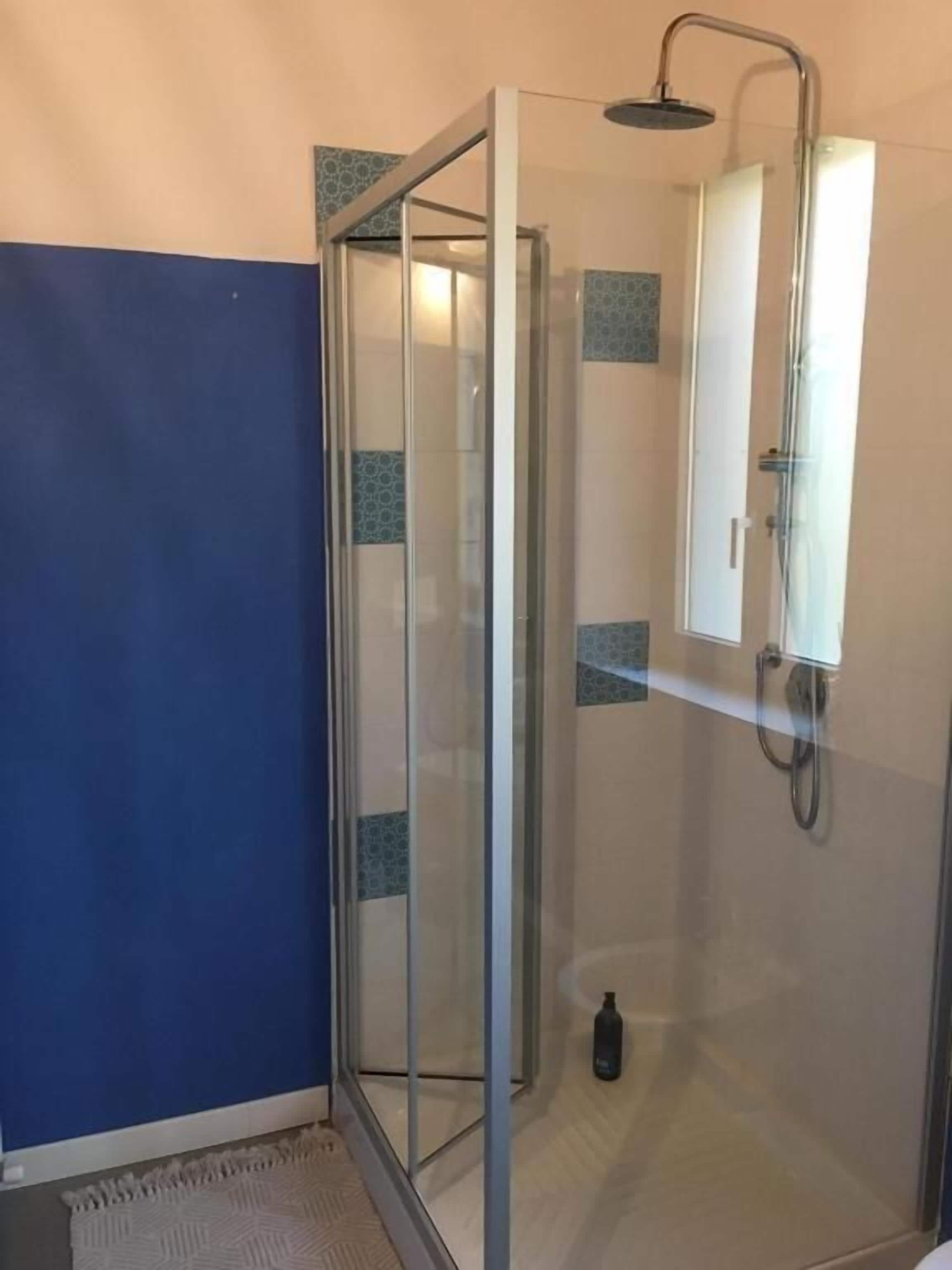 Eine Duschkabine mit Handbrause, einer kleinen Shampooflasche und einem Spiegel an der Wand.