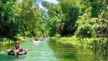 A river surrounded by dense greenery, with people floating on the water.