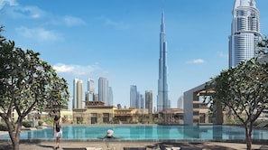 Outdoor pool, pool umbrellas, pool loungers