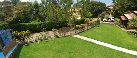 A well-maintained lawn with a stone wall and a wooden deck.