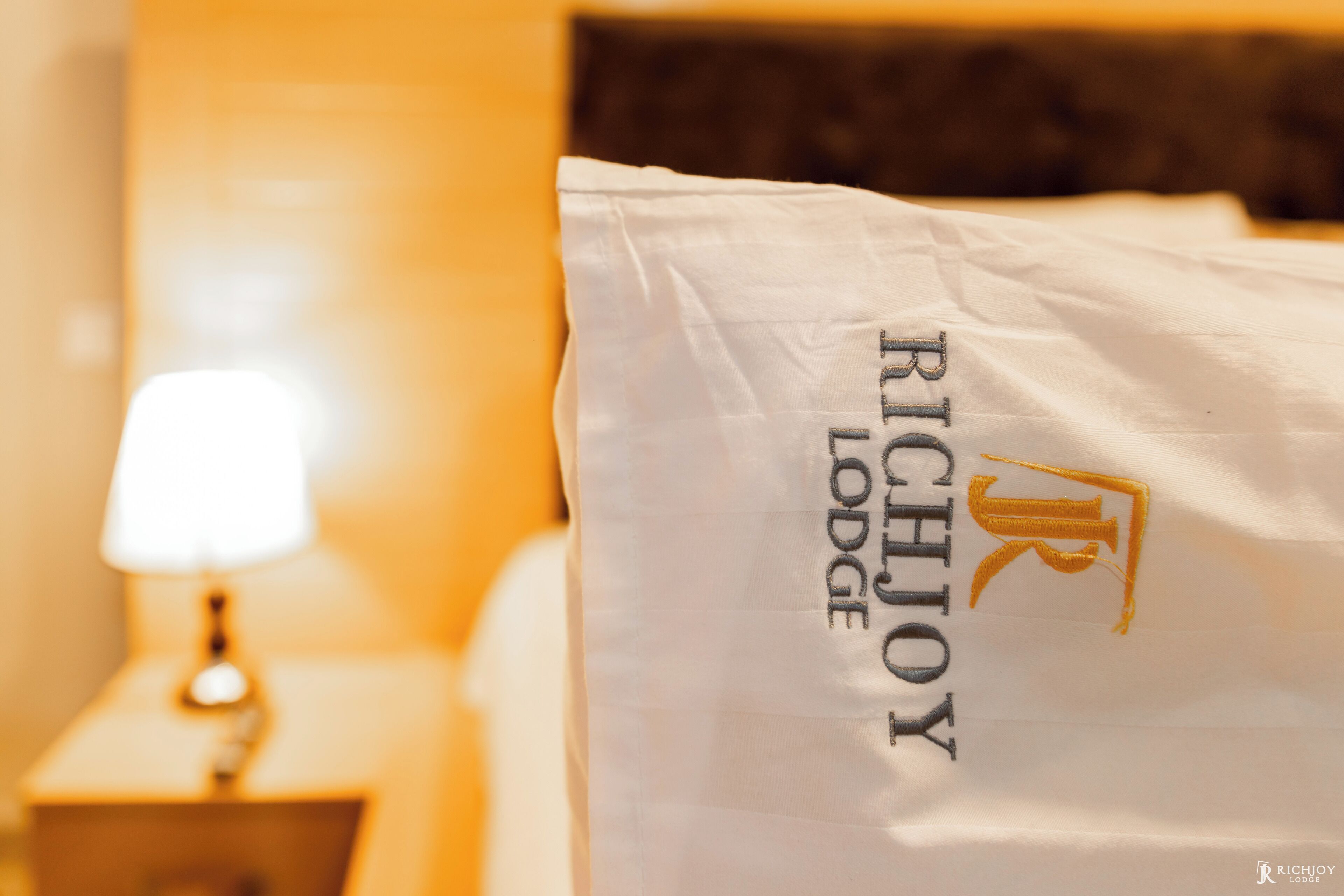 A pillow with the RichJoy Lodge logo.
