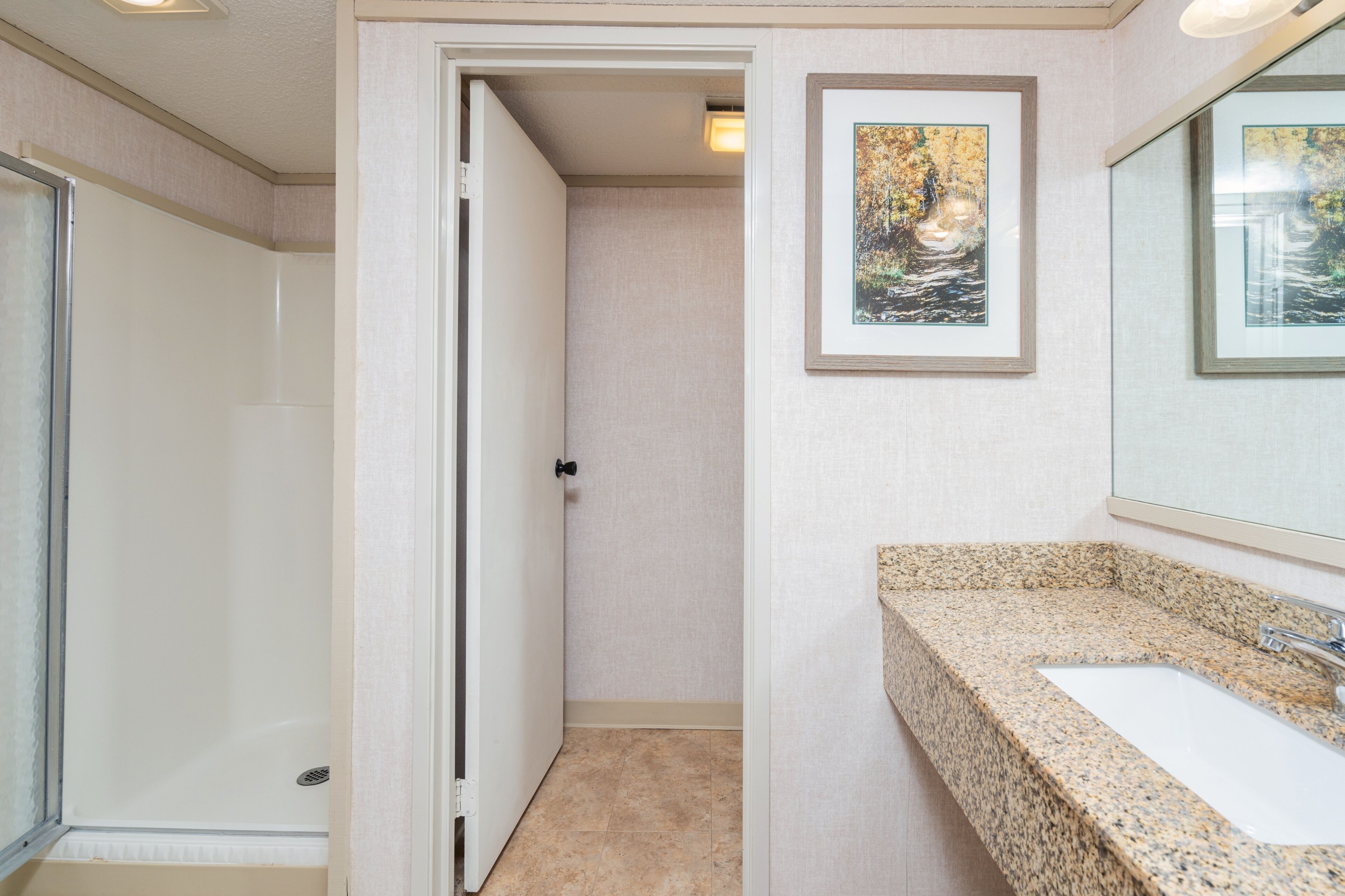 Un baño con ducha, lavabo con encimera de granito y un cuadro en la pared.