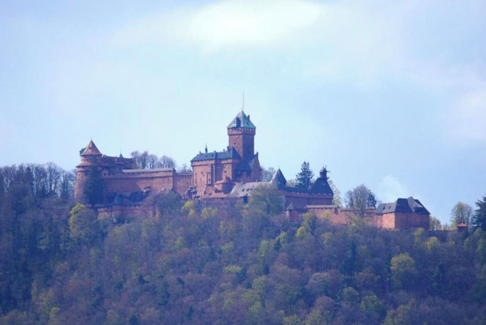 A castle-like structure with multiple towers and a prominent central tower, surrounded by dense forest.