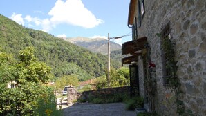 Un edificio de piedra con un muro de piedra y una reja de metal, rodeado de vegetación y una montaña al fondo.