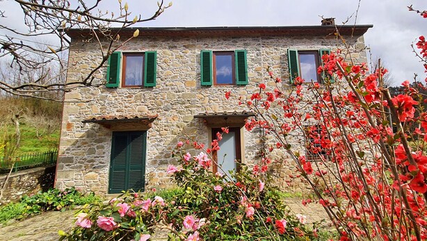 Un edificio de piedra con tres ventanas, cada una con contraventanas verdes.