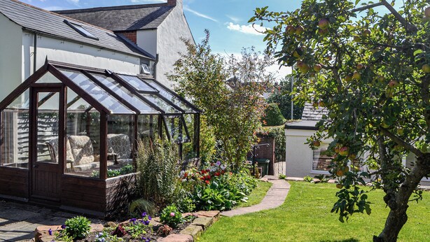 Una casa amb hivernacle, un jardí amb diverses plantes i un arbre amb pomes.