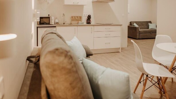 Een moderne woonkamer met een bank, een eethoek met stoelen, een keuken met witte kasten en een grijze bank op de achtergrond.