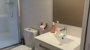 Hair dryer, towels, soap, shampoo