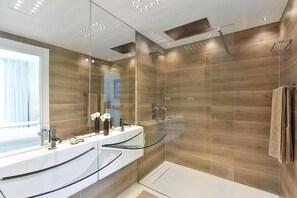 Shower, hair dryer, towels