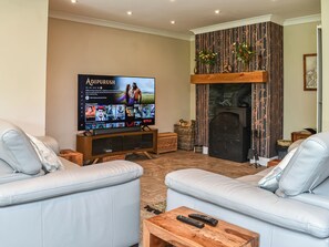Een woonkamer met een flatscreen televisie, twee lichtblauwe banken, een houten salontafel en een open haard.