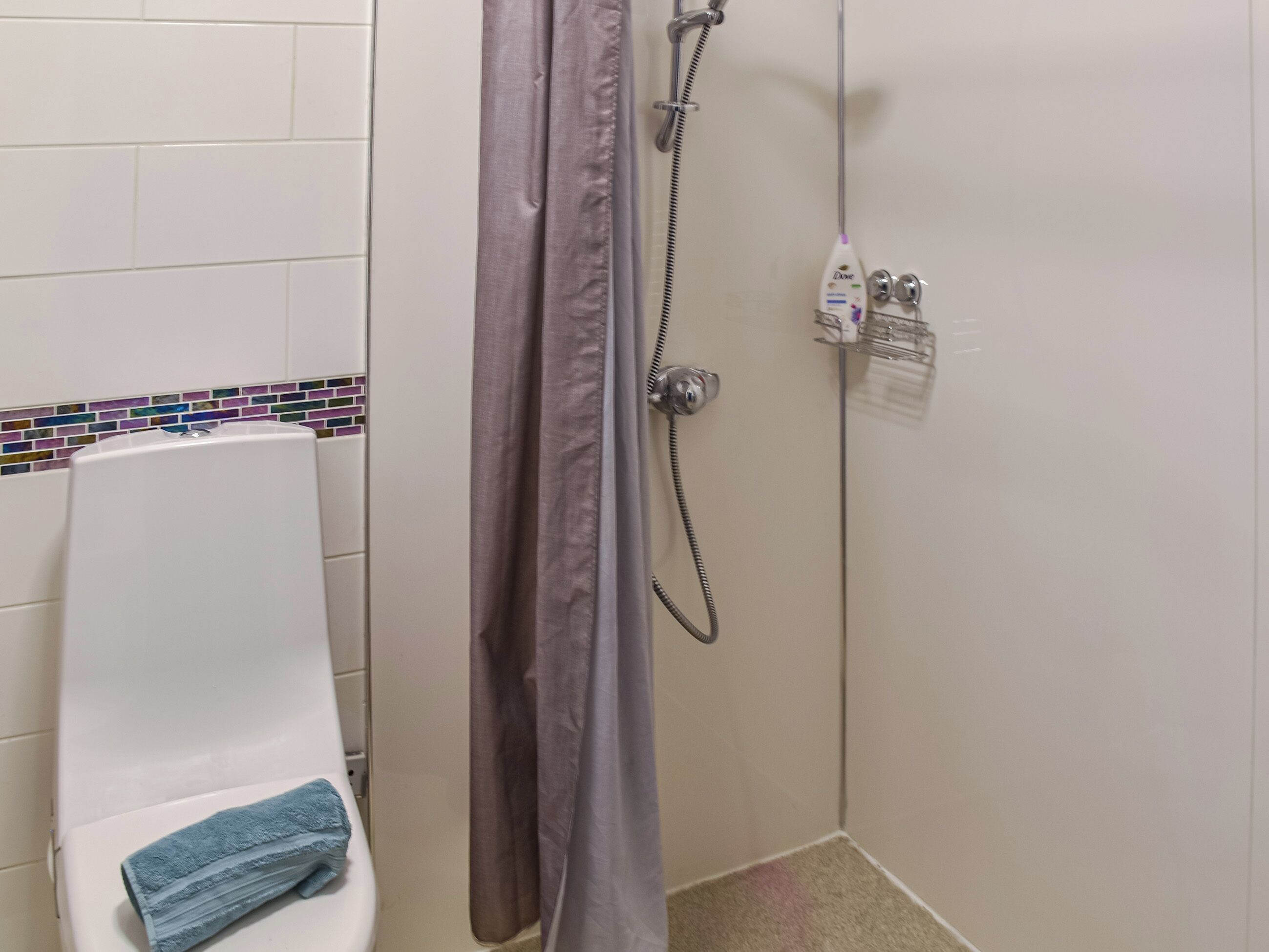 A bathroom with a toilet, shower, and a soap dispenser on the wall.