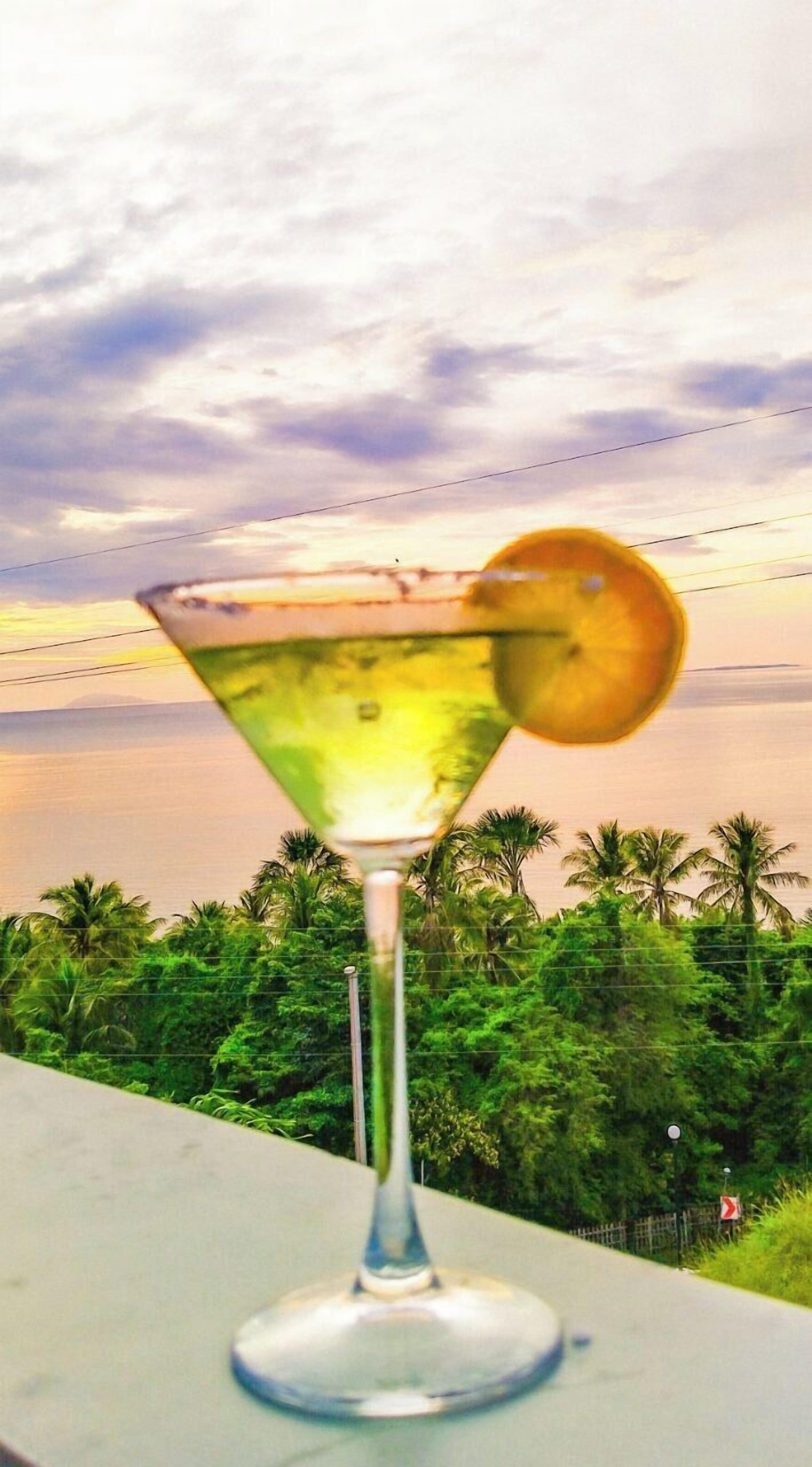 A cocktail glass with a lemon slice on a balcony overlooking a tropical landscape with palm trees and a sunset.
