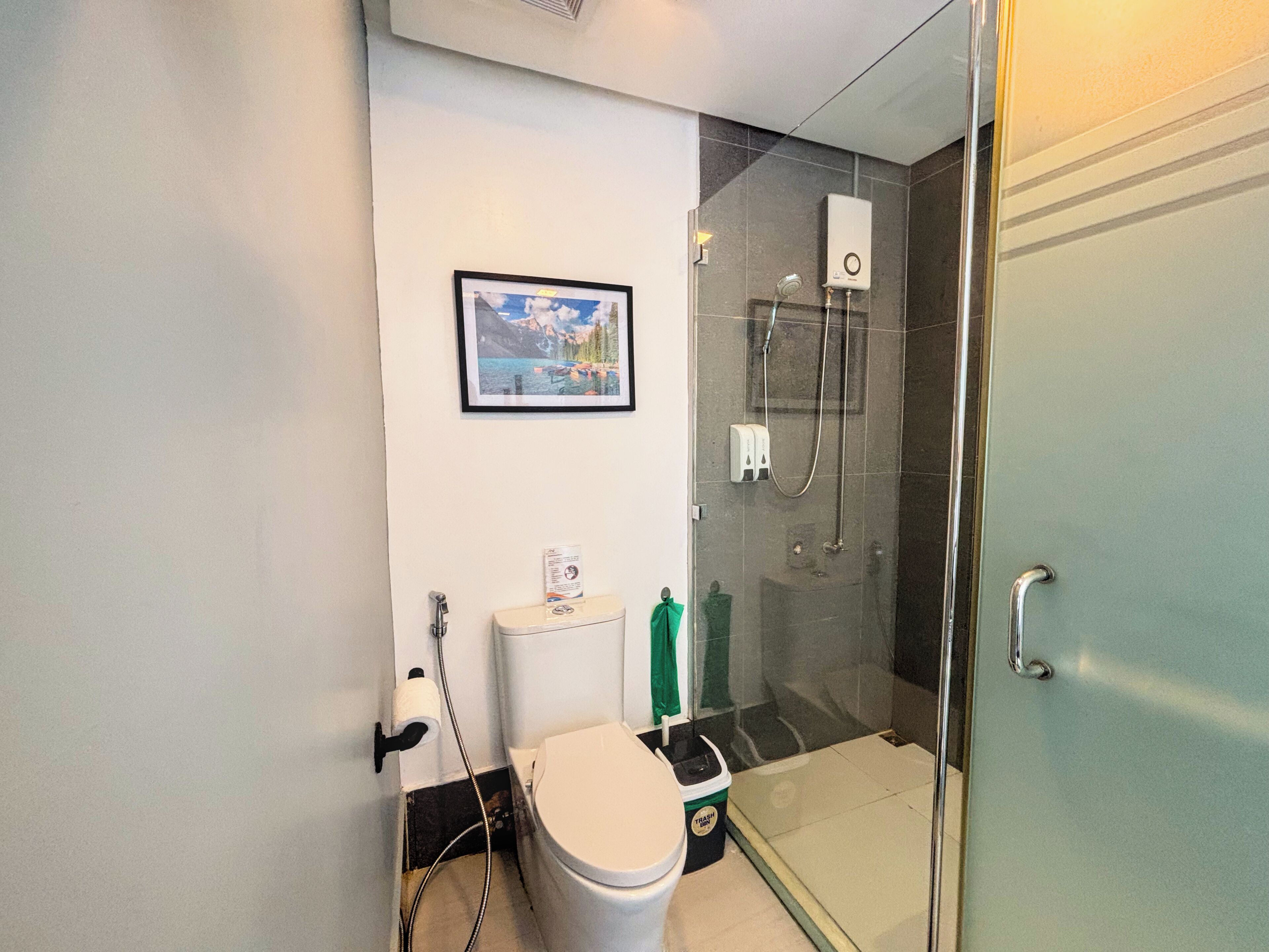 A bathroom with a toilet, a shower, and a glass door.