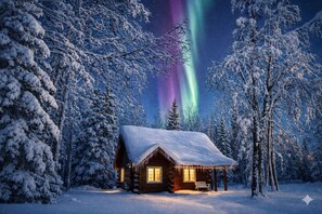 A log cabin surrounded by snow-covered trees with a view of the Northern Lights.