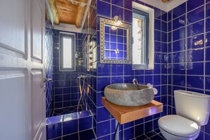 Shower, hair dryer, towels, toilet paper