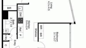 A floor plan with a living area, two bedrooms, a kitchen, a bathroom, and a balcony. - Incredible 2 BR City Apartment (Melbourne)