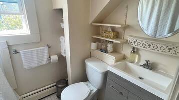 Hair dryer, towels, soap, shampoo