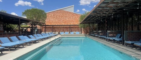 Seasonal outdoor pool, sun loungers