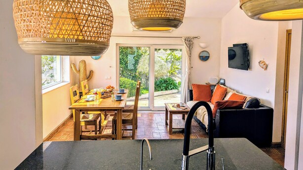 Una cocina moderna con comedor, un sofá negro y una decoración de cactus.