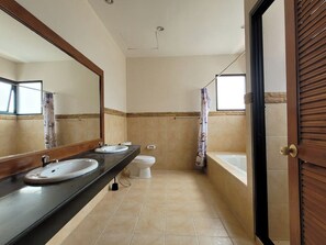 Shower, jetted bath, hair dryer, towels