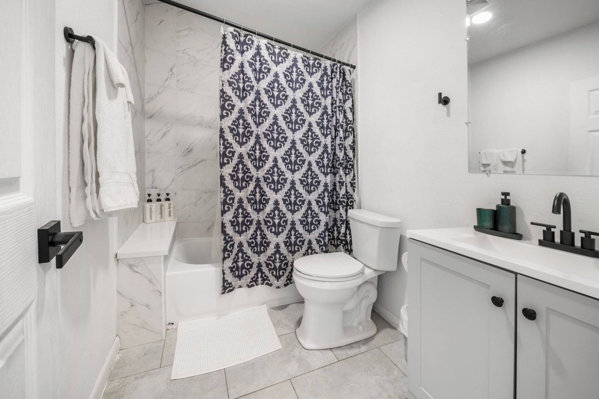 Shower, towels, soap, shampoo