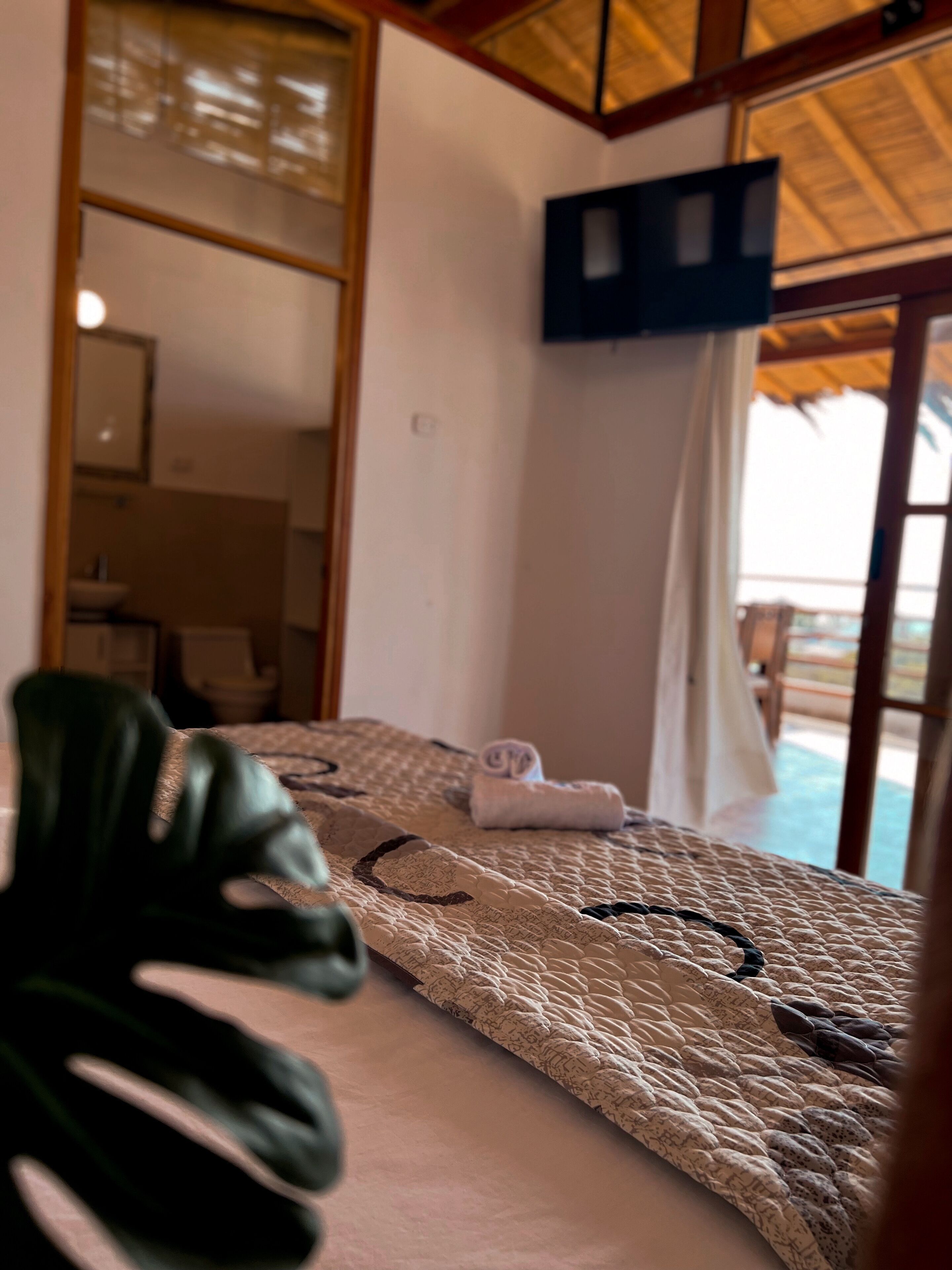 Una habitación con una cama, un televisor montado en la pared y vistas al exterior.