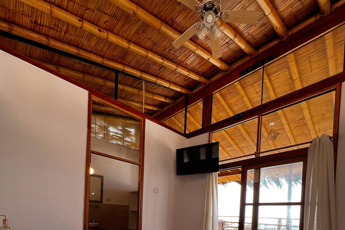 Una camera con un letto, un ventilatore a soffitto, una TV a parete e ampie finestre.