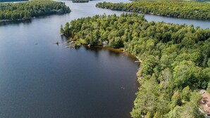 Vista aérea de un lago rodeado de un bosque denso.