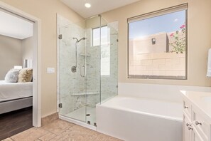 Shower, hair dryer, towels, soap