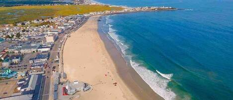 On the beach, sun-loungers
