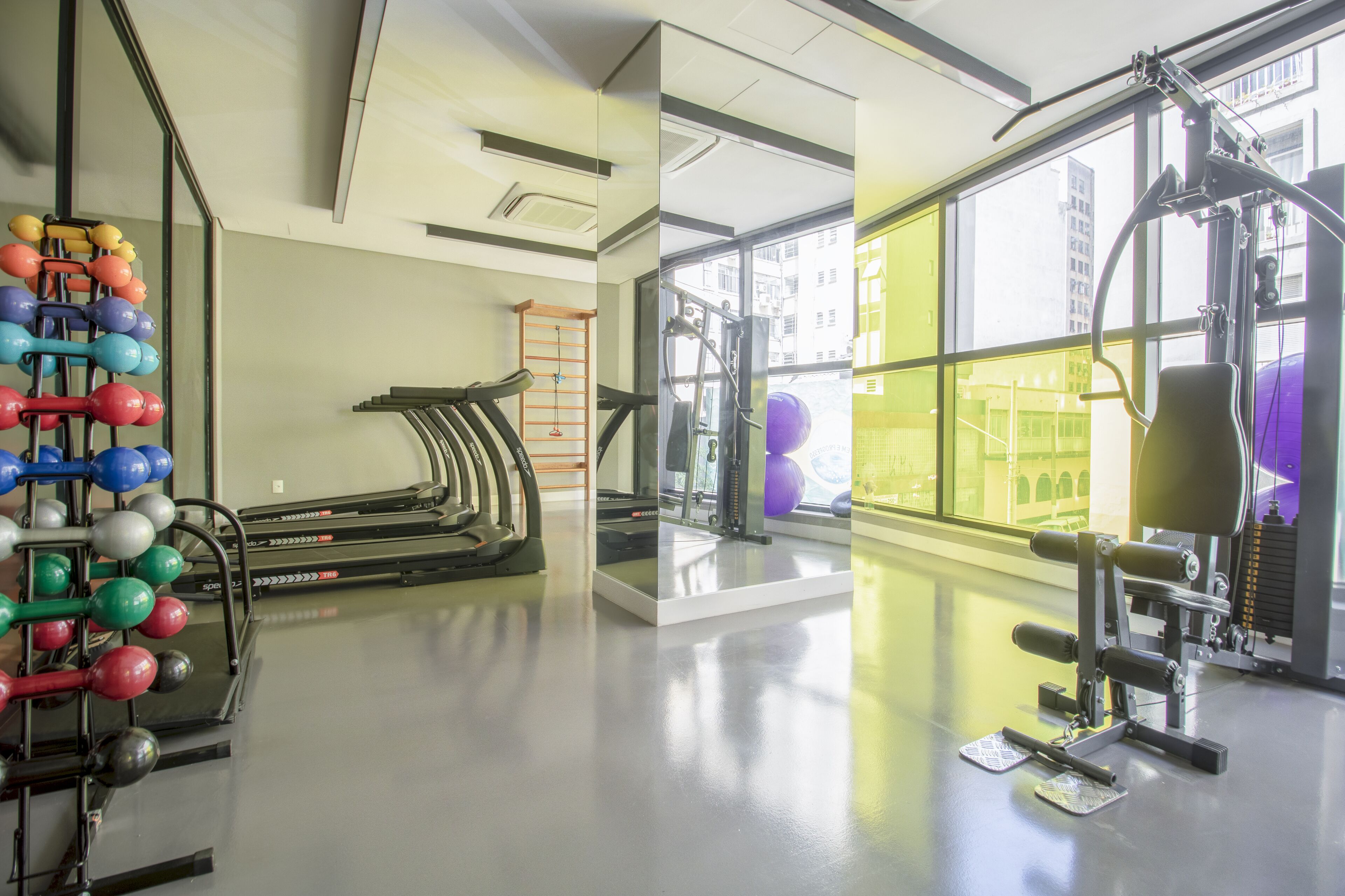 A gym with treadmills, a weight machine, and a rack of colorful dumbbells.