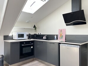 Frigorífico, microondas, horno y placa de cocina