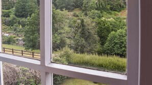 Blick aus dem Fenster auf eine üppige, grüne Landschaft mit einem weißen Gebäude in der Ferne.