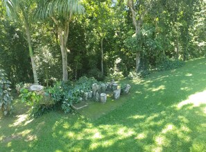 Un exuberante jardín con diversas especies de árboles y arbustos, un sendero de piedra y una zona cubierta de césped.