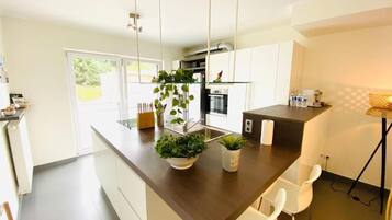 Full-sized fridge, microwave, oven, stovetop